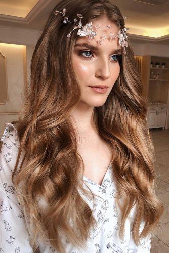 bohemian wedding hairstyles soft curls on long hair with crystal crown verafursova