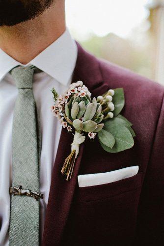 bohemian wedding look elegant burgundy jacket with succulent boutonniere jamie jones photography
