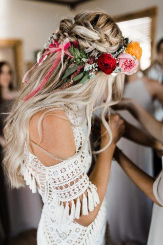 bohemian wedding look long blonde half up half down hair braided crown bright blowers lace dress emily klarer photography