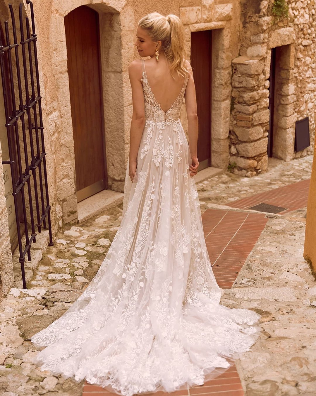 most pinned wedding dresses a line v back floral with train