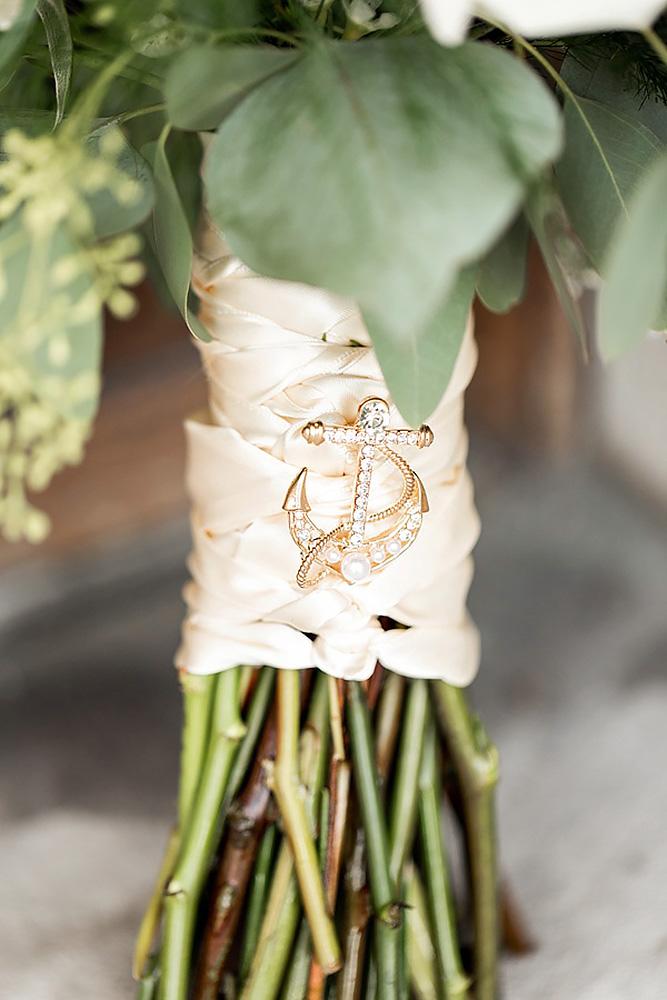 nautical wedding bouquet with silk ribbon and anchor pin alexandria photography