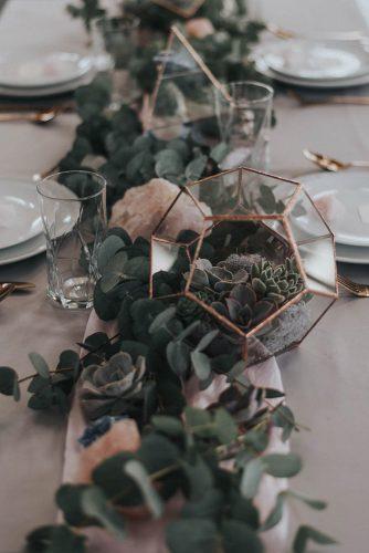sage green wedding tablerunner greenery and pink geode with geometry terrarium and succulents bai & elle
