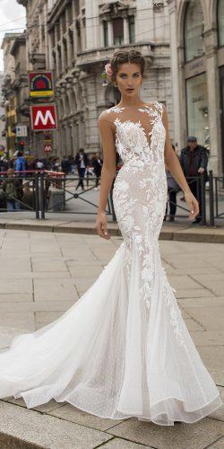 tarik ediz wedding dresses fit and flare illusion neckline floral lace 2019