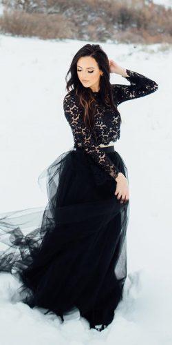 black wedding dresses long sleeves lace top tulle skirt detached blisstulle