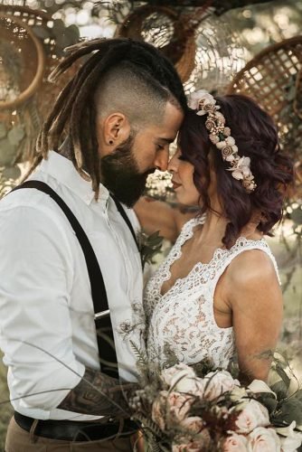 bohemian wedding look for free spirited groom and bride pink flowers lace dress ramses_g