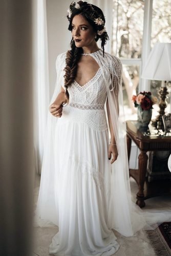 bohemian wedding look long white lace dress with a cape ramses_g