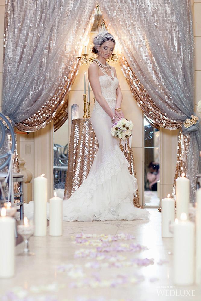 silver wedding decor ideas arch sparkle gold cloth ten over six photography