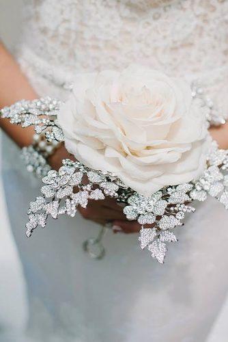 silver wedding decor ideas for single bloom white rose bouquet and rhinestones frankreaeventdesigns