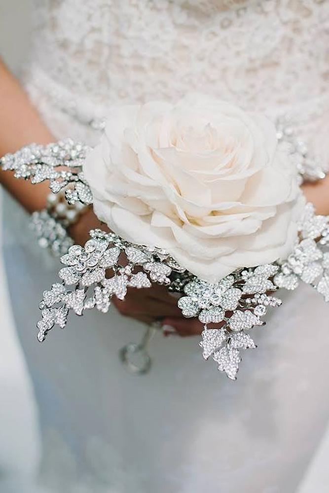 silver wedding decor ideas for single bloom white rose bouquet and rhinestones frankreaeventdesigns
