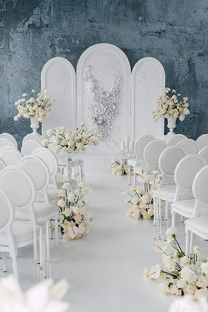 silver wedding decor ideas modern ceremony backdrop flower aisle stephanie a smith photography