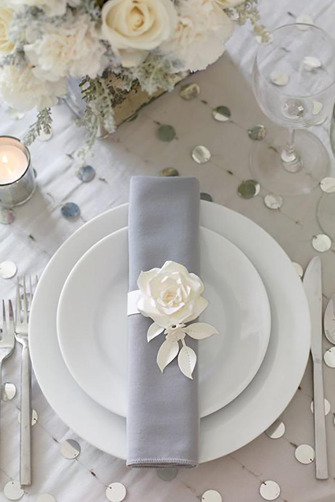 silver wedding decor ideas place setting with white rose philip ficks