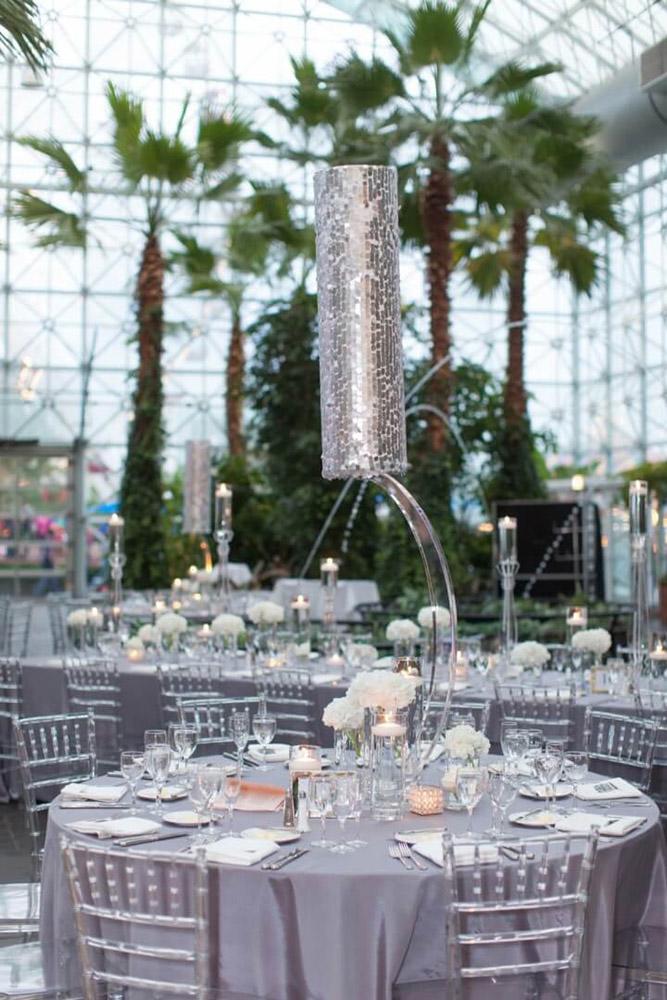silver wedding decor ideas reception grey tones with hanging centerpiece miller wedding photography