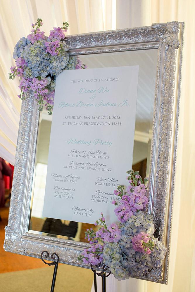 silver-wedding-decor-ideas-signs-with-mirror-and-vintage-frame-pastel-lilac-blue-flowers-theo-milo-photography