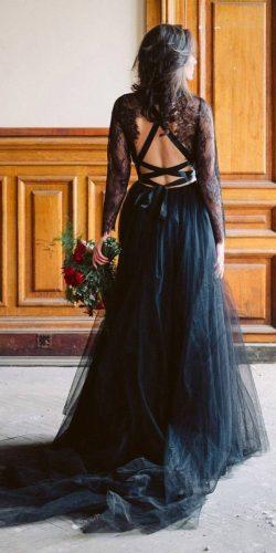 black wedding dresses long lace sleeves open back tulle skirt bridal garden studio