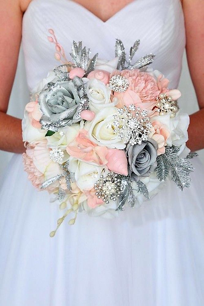 silver wedding decor ideas bouquet with white pink silver roses budget bride