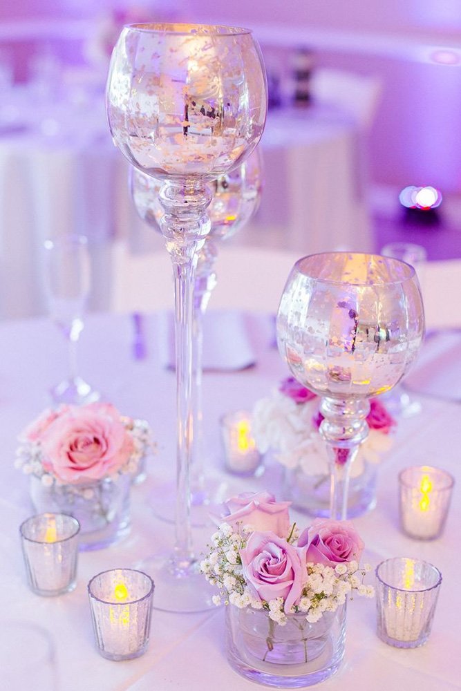 silver wedding decor ideas centerpiece with candles and pink roses ailyn la torre photography
