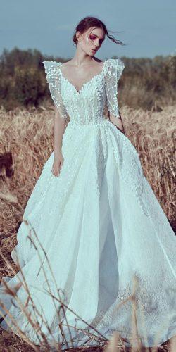 a line wedding dresses v neckline with puff sleeves floral esposagroup