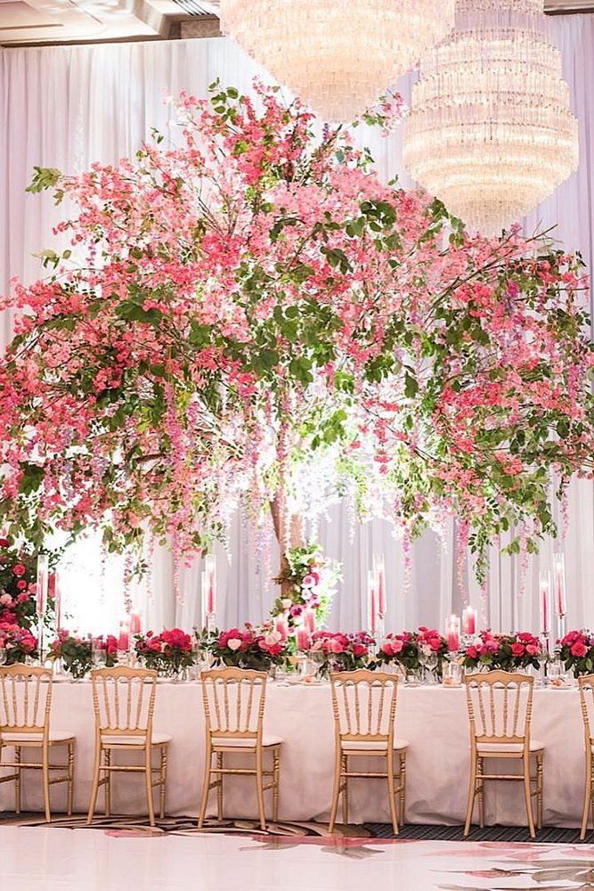 tall wedding centerpieces pink tree flower tablerunner 5ive15ifteen