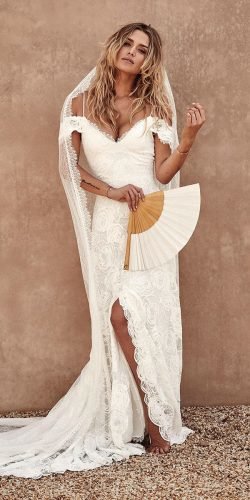 off the shoulder hippie wedding dress