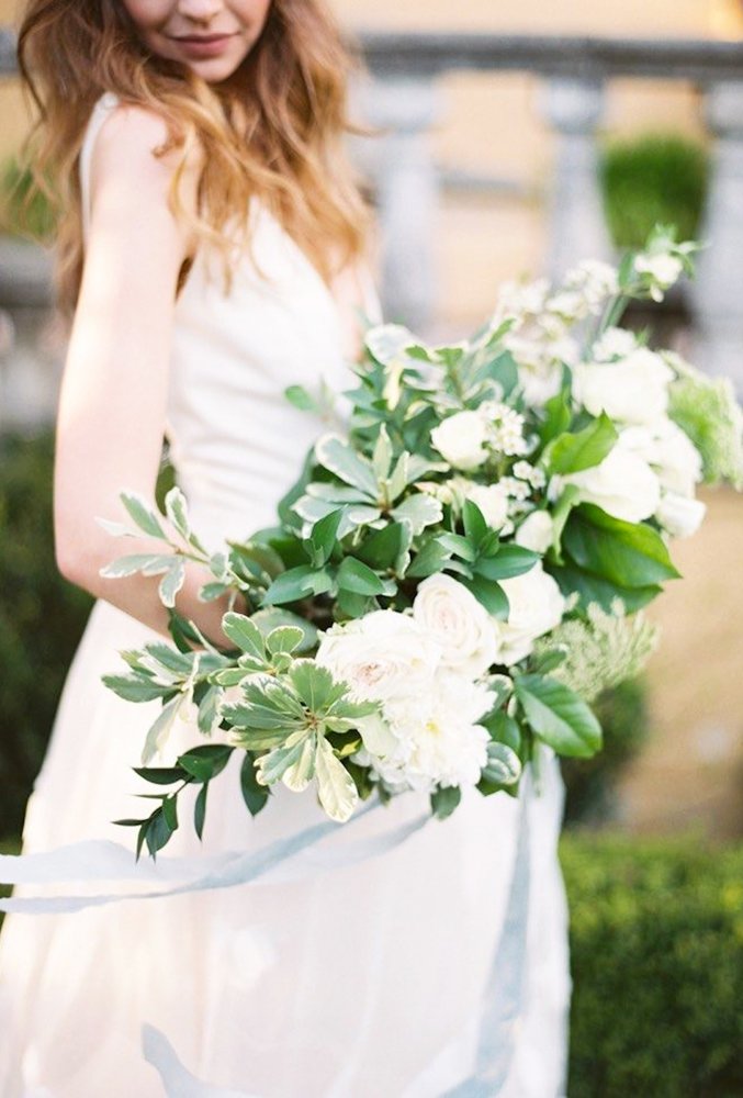 green wedding florals cascade bouquet with ribbon