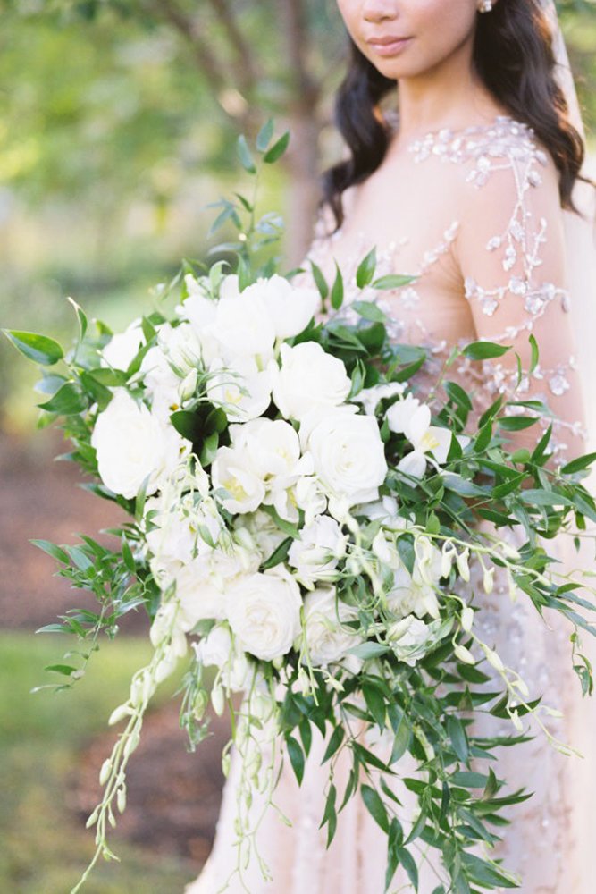 green wedding florals cascading white green bouquet