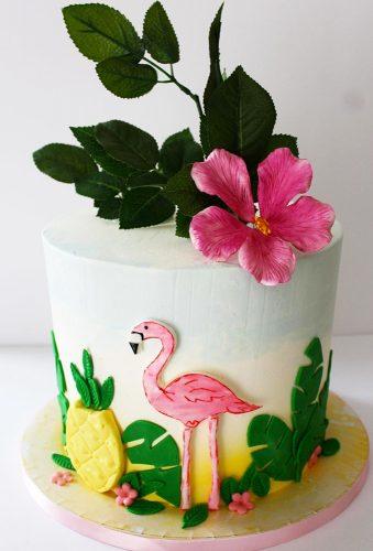tropical wedding cake trends cake with flower and flamingo pinchofsugarcakes