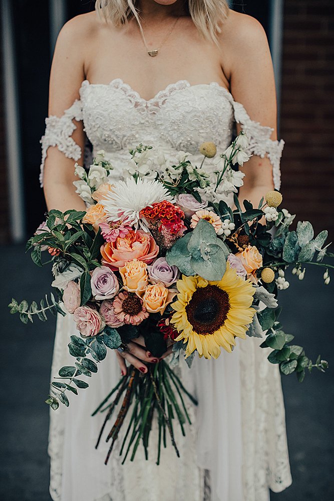 sunflower wedding bouquets colorful roses