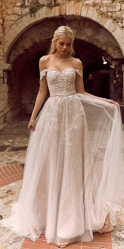 off the shoulder flowy wedding dress