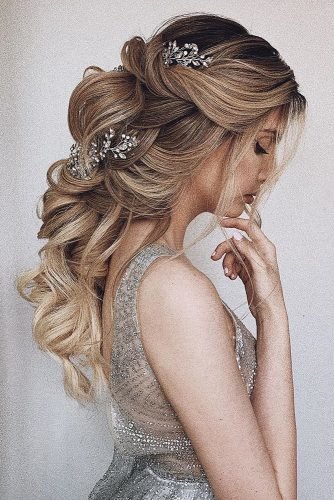 ombre wedding hairstyles half up half down with curls and crystal pin ulyana.aster