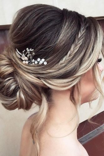 ombre wedding hairstyles low bun with small side braid elstilespb