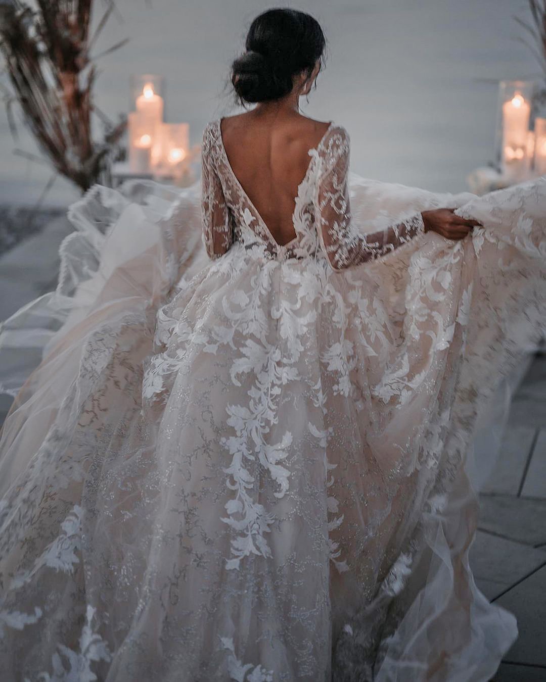 boho wedding dresses a line v back with long sleeves lace millanova