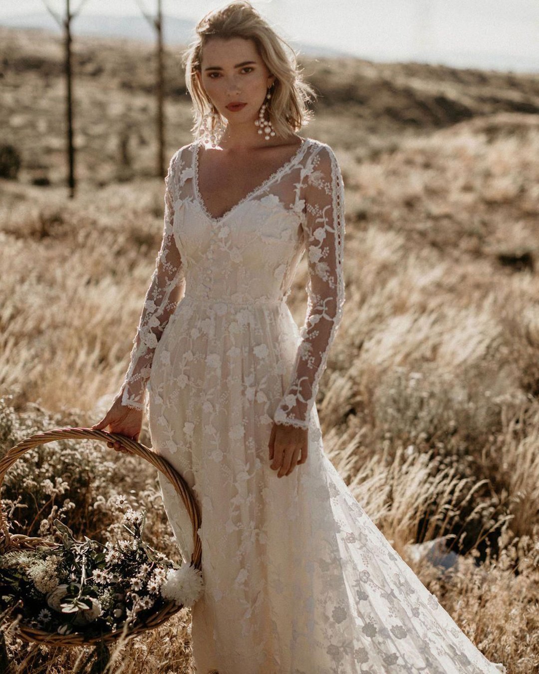 boho wedding dresses a line with illusion long sleeves lace v neckline dreamers and lovers
