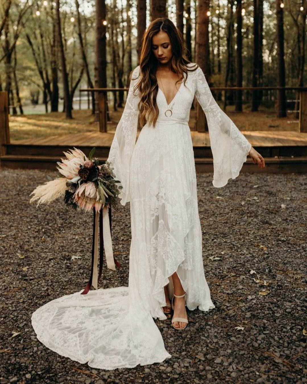 Deep V Neck Boho Wedding Dress Long Sleeve Rustic Wedding Dress WD373 ...