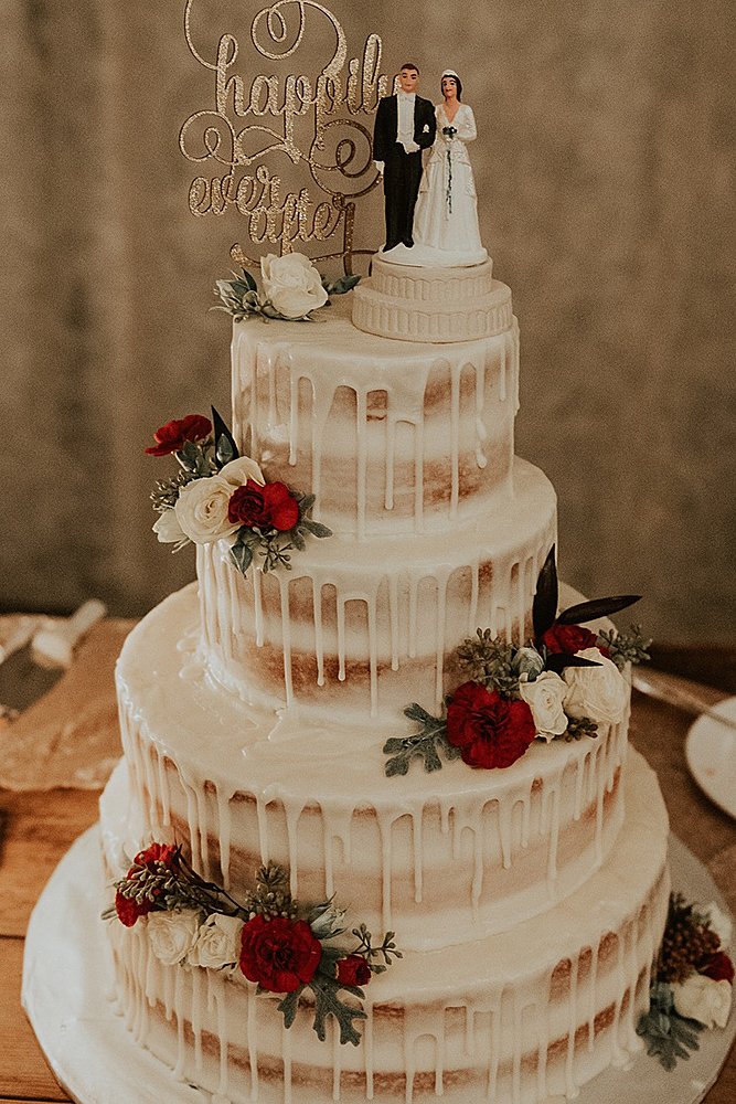 burgundy wedding rustic wedding cake with flower decor