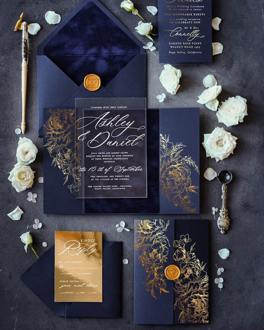 fall wedding invitations navy blue velvet