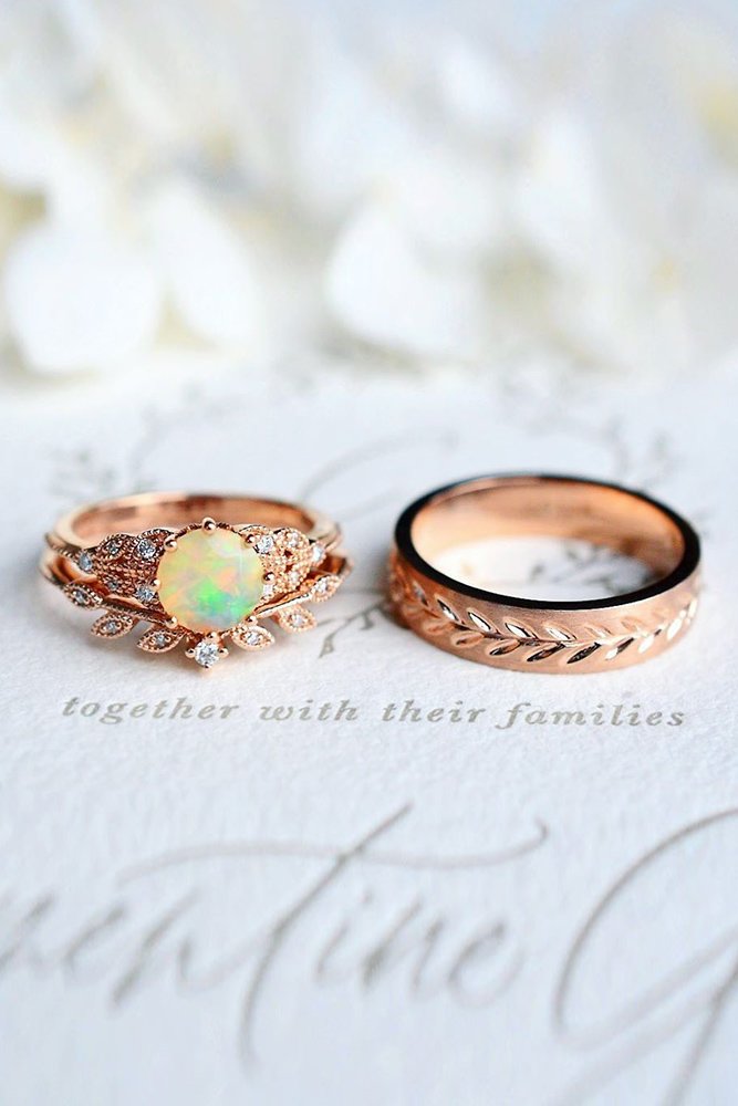 opal engagement rings rose gold wedding set