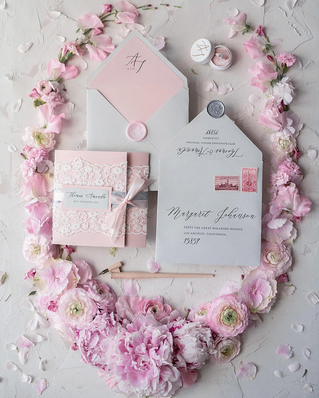vintage wedding invitations light pink white lace invitations
