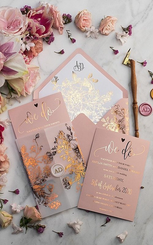 vintage wedding invitations rose gold pastel