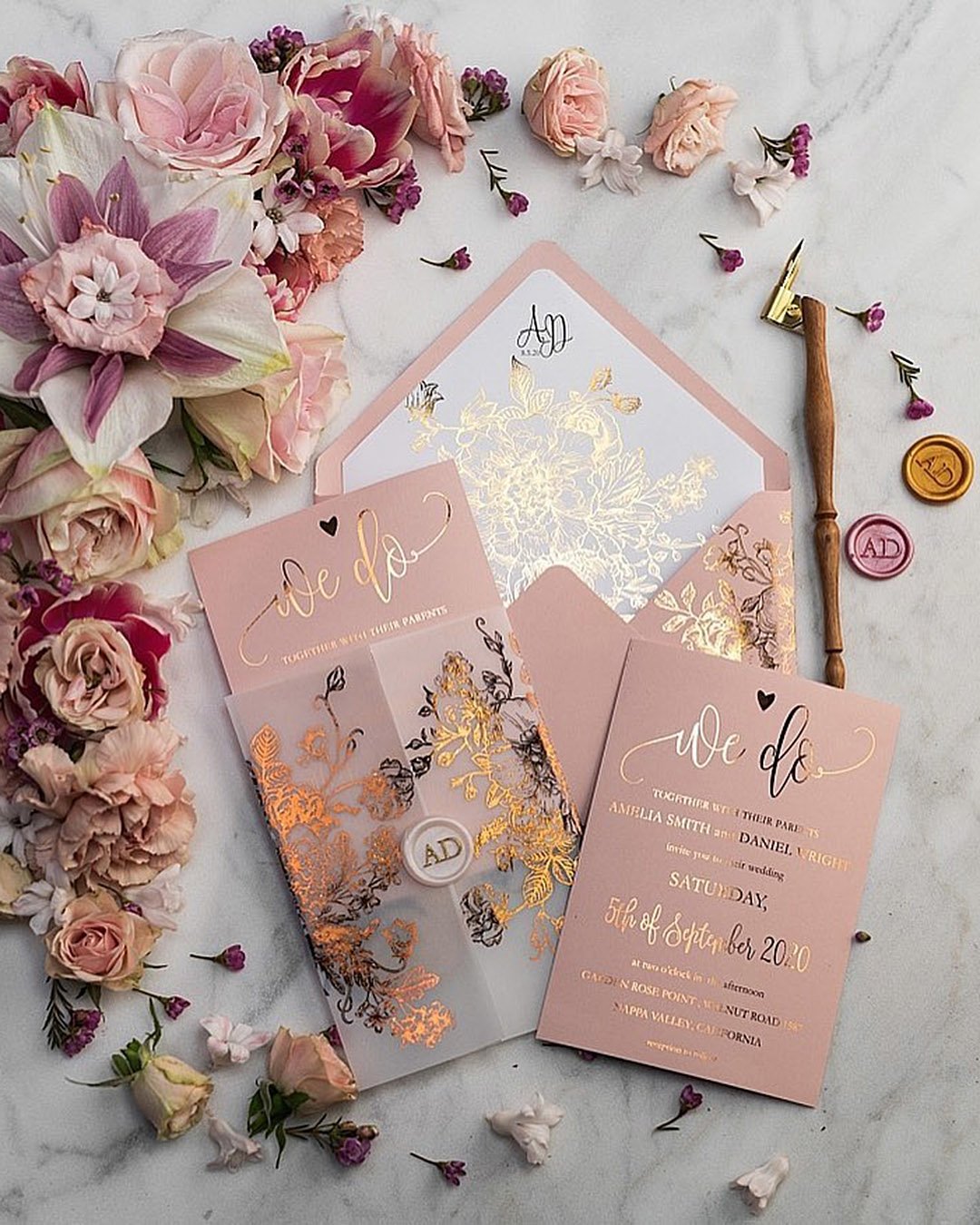 vintage wedding invitations rose gold pastel