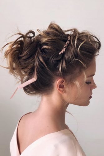wedding updos curly high with pink ribbon shiyan_marina