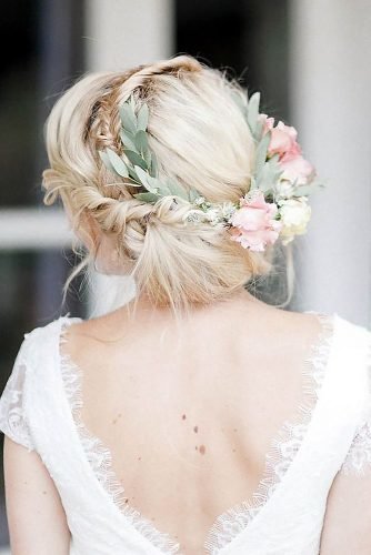 wedding updos simple blonde messy with flower and greenery crown anja_schneemann_photography