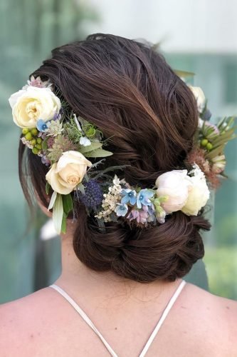 wedding updos simple low dsrk hair with flower crown styles_by_reneemarie