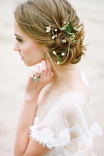 wedding updos simple with white flowers and greenery heathernan