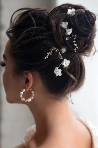 wedding updos textured high ballet bun on dark hair with accessories hair_vera