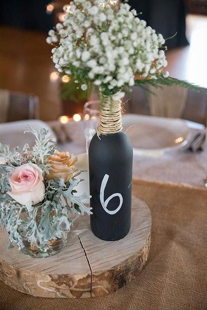 rustic wedding centerpieces bottle with tablenumber and baby breath jadiefoto
