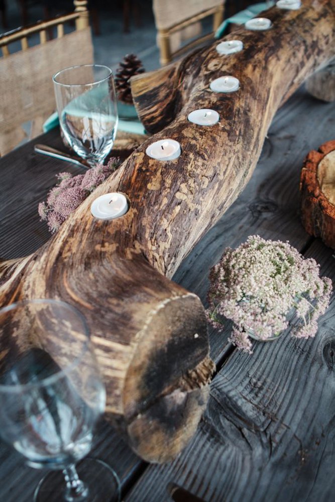 rustic wedding centerpieces candles in wooden tablerunner photography james christianson