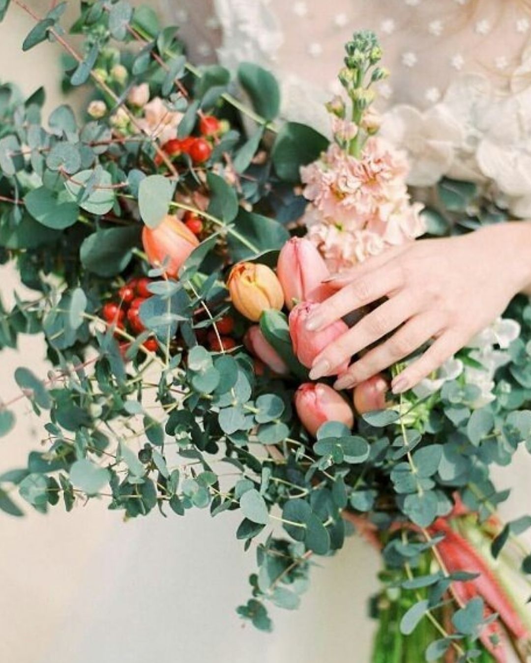 spring wedding bouquets with succulents and tulips