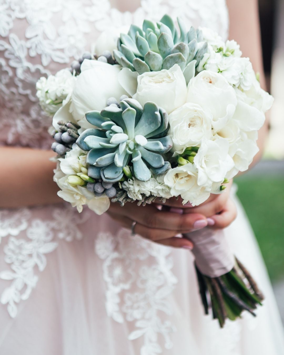 spring wedding bouquets with succulents and tulips2