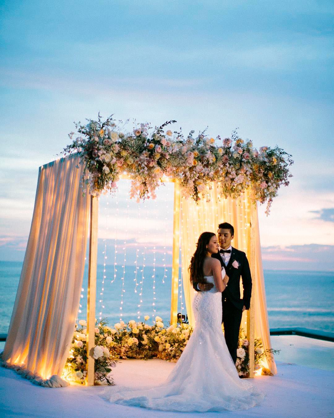 wedding altar decoration beach bride groom fabric lights