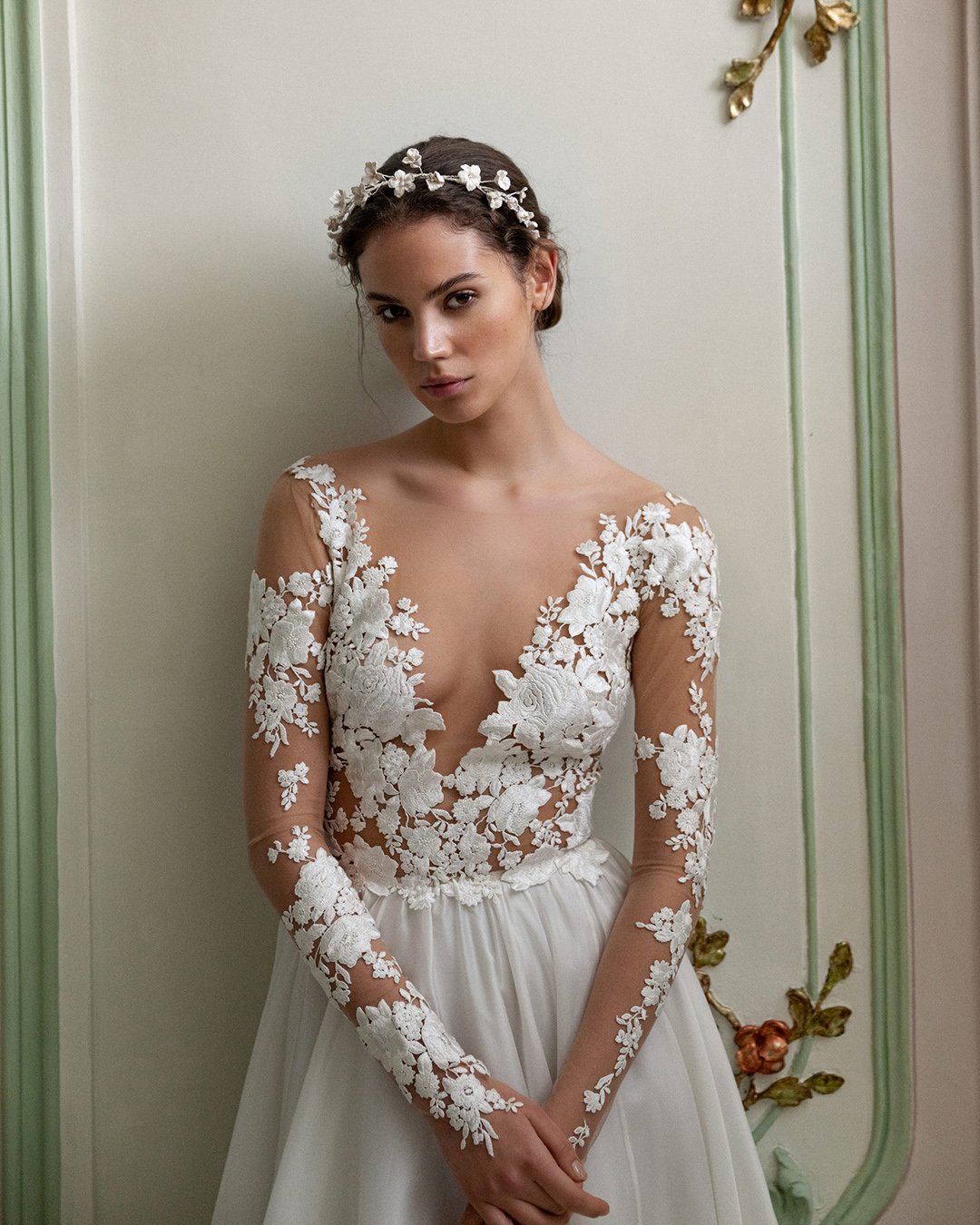 wedding dresses spring 2022 with illusion long sleeves floral appliques daalarna